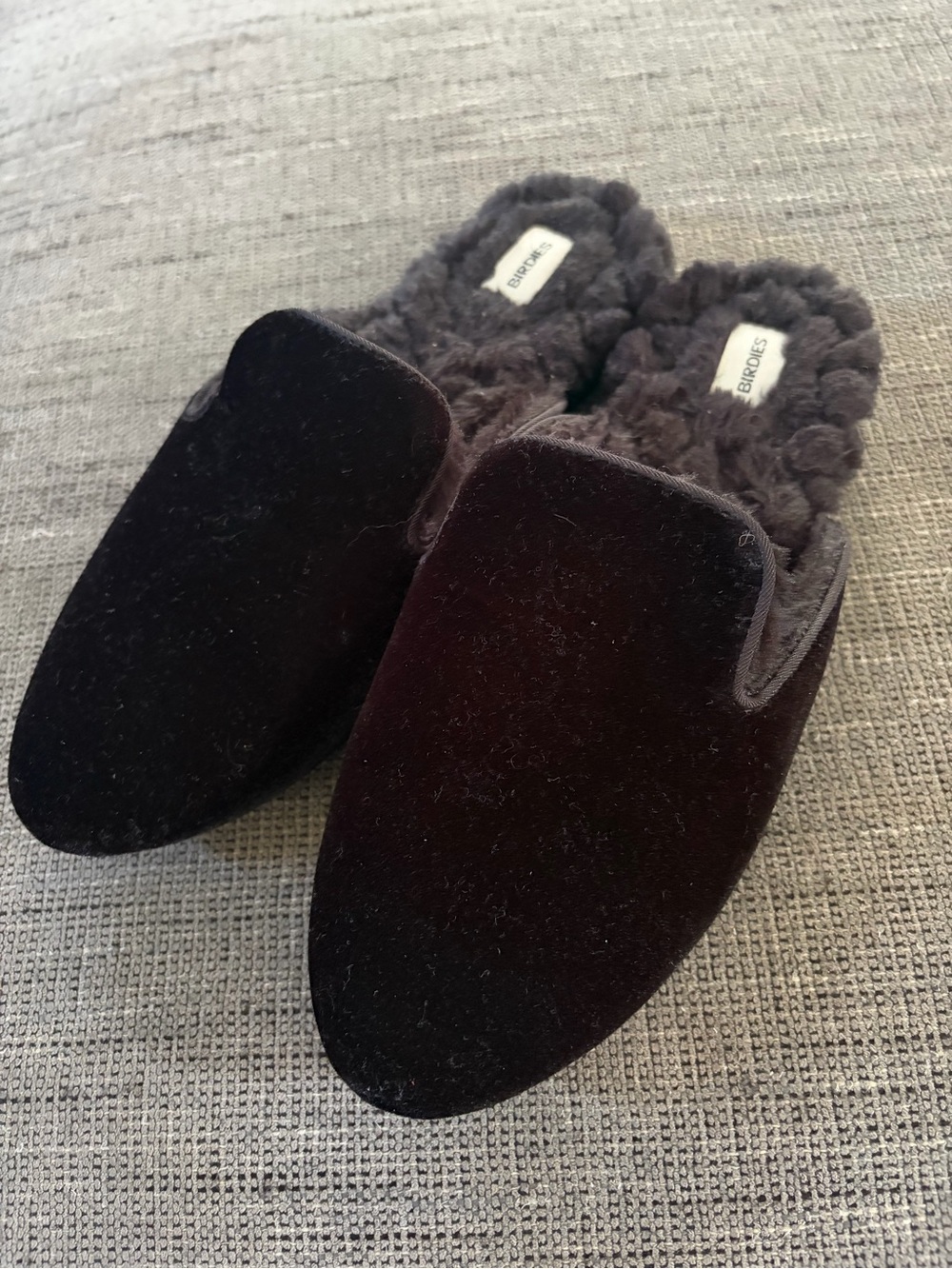 Birdies The Phoebe Black Velvet Faux Fur Lined Mule Slides Women Size 6 Flats